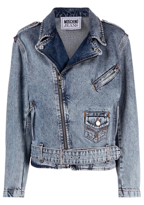 MOSCHINO JEANS crystal-embellished denim biker jacket - Blue