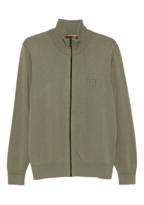 BOSS zip-neck embroidered square detail cardigan - Green