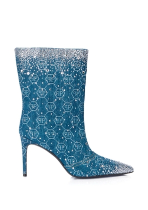 Philipp Plein monogram rhinestone denim boots - Blue