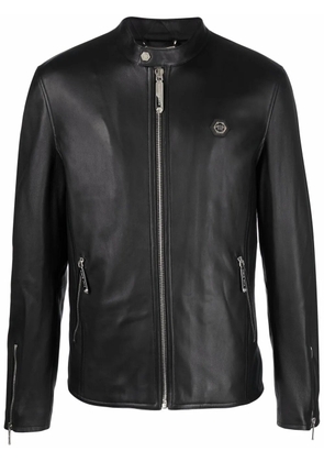 Philipp Plein logo zipped biker jacket - Black