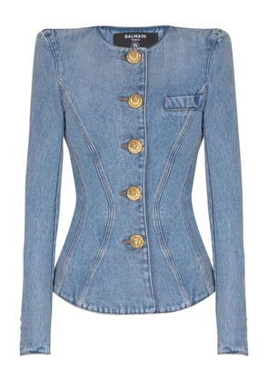 Balmain padded-shoulder buttoned denim jacket - Blue