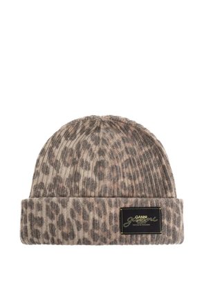 GANNI leopard logo beanie hat - Brown
