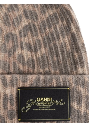 GANNI leopard logo beanie hat - Brown