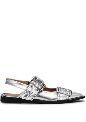 GANNI double-buckled metallic-effect ballerina shoes - Silver