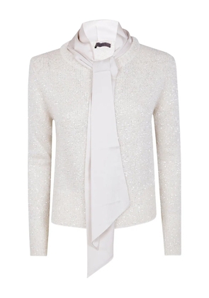 D.Exterior sequin-embellished tie-neck sweater - White