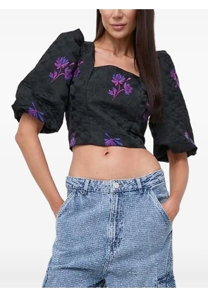Custommade puff-sleeve floral-embroidered top - Black