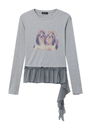 tout a coup dog-print ruffle-hem T-shirt - Grey
