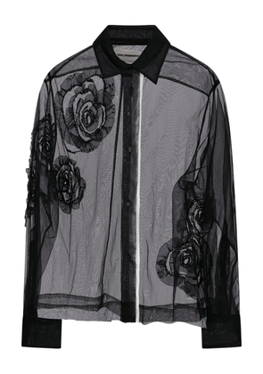 DES PHEMMES rose-embellished tulle shirt - Black