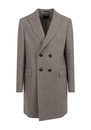 Zegna double-breasted herringbone-effect coat - Brown