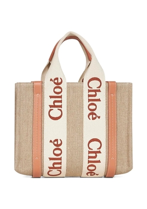 Chloé small Woody logo-detail linen tote bag - Neutrals