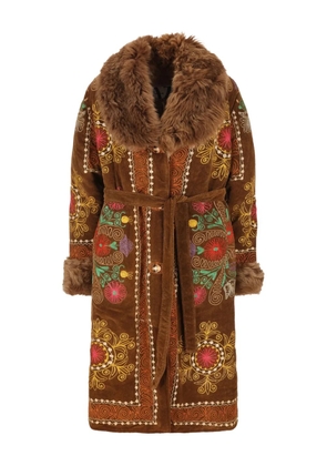 ZAZI VINTAGE fur-trim embroidered coat - Brown