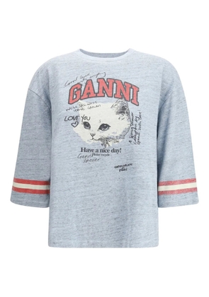 GANNI print striped sleeve T-shirt - Blue