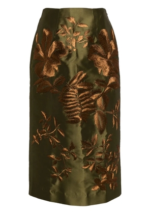 Biyan floral-embroidered satin midi skirt - Green
