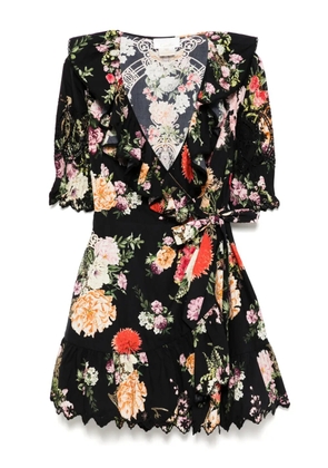 Camilla Adorned In Alexandria Puff Sleeve Mini Wrap Dress - Black