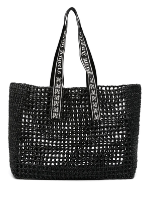 Palm Angels logo-strap raffia tote bag - Black