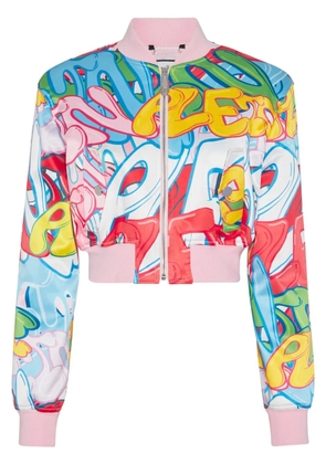 Philipp Plein graffiti-logo cropped satin bomber jacket - Pink