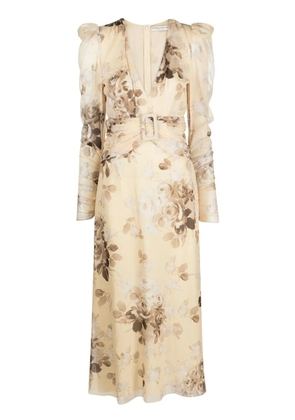 Alessandra Rich floral-print belted silk dress - Neutrals