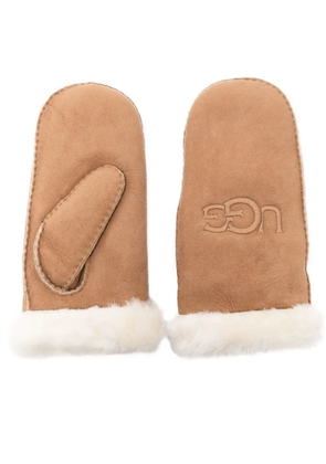 UGG embroidered-logo shearling mittens - Brown