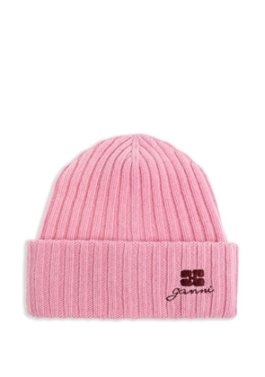 GANNI ribbed embroidered beanie - Pink