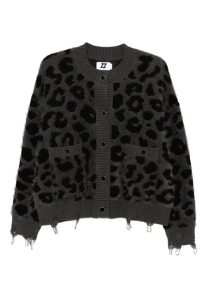 izzue distressed leopard-intarsia cardigan - Grey