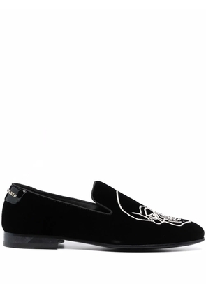 Philipp Plein skull-embroidered velvet loafers - Black