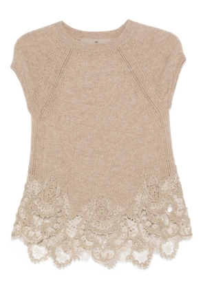 Ermanno Scervino lace-trimmed knit T-shirt - Brown