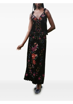 FARM Rio scalloped floral-print midi skirt - Black