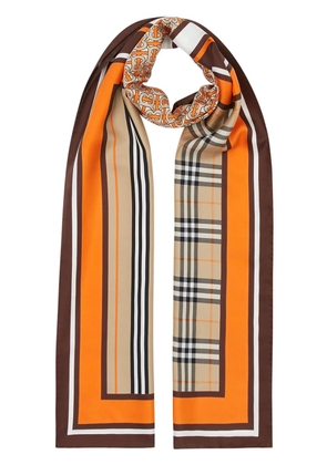 Burberry monogram Icon stripe and check print silk scarf - Brown