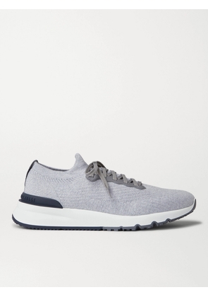 Brunello Cucinelli - Leather-Trimmed Stretch-Knit Sneakers - Men - Gray - EU 40