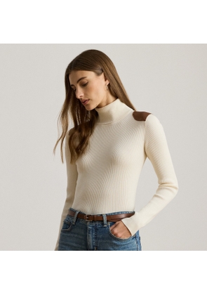 Faux-Leather-Trim Rib-knit Roll Neck