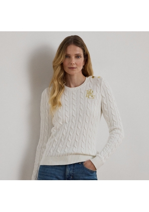 Button-Trim Cable-Knit Cotton Jumper