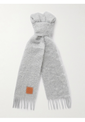 LOEWE - Logo-Appliquéd Fringed Mohair-Blend Scarf - Men - Gray