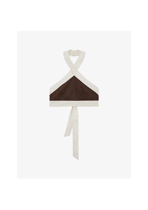 Womens Reiss Rebecca Halter-Neck Colour-Block Cropped Linen Top