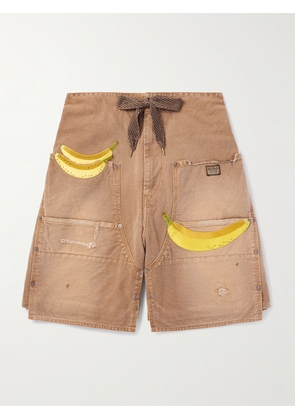 KAPITAL - Wide-Leg Appliquéd Distressed Panelled Denim Shorts - Men - Brown - 2