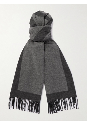 SAINT LAURENT - Fringed Logo-Embroidered Brushed-Silk Scarf - Men - Gray