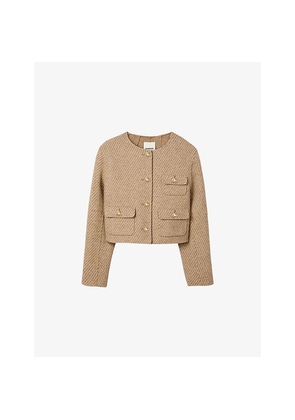 Womens Sandro Patch-Pocket Button-Down Cropped Wool-Blend Jacket