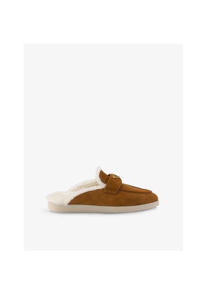 Womens Prada Brand-Plaque Suede and Shearling Mules