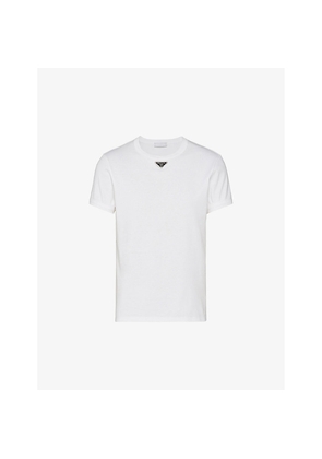 Mens Prada Logo-Plaque Crewneck Slim-Fit Cotton T-Shirt