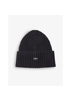 Mens Sandro Logo-Patch Ribbed Knitted Beanie Hat