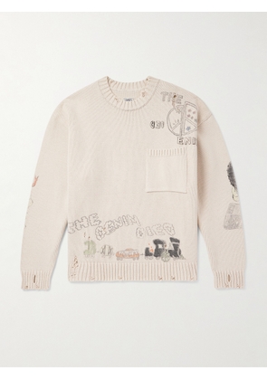 KAPITAL - Distressed Printed Cotton Sweater - Men - Neutrals - 3