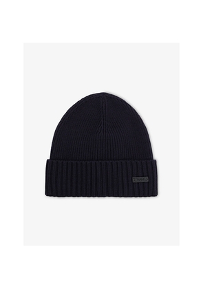 Womens Boss Ribbed Brand-Patch Wool Knitted Beanie Hat