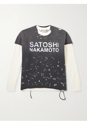 Satoshi Nakamoto - Luke Distressed Layered Logo-Print Waffle-Knit and Cotton-Jersey T-Shirt - Men - Black - S