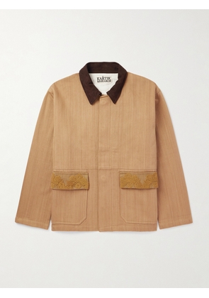 Kartik Research - Jodhpur Suede-Trimmed Embroidered Herringbone Cotton Jacket - Men - Brown - S