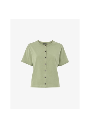 Womens Whistles Round-Neck Button-Up Cotton T-Shirt