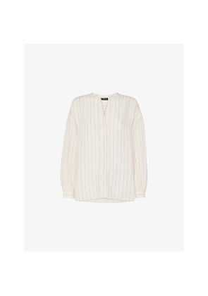 Womens Whistles Striped V-Neck Long-Sleeve Linen-Blend Blouse