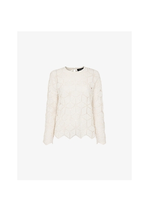 Womens Whistles Round-Neck Long-Sleeve Crochet-Knit Top