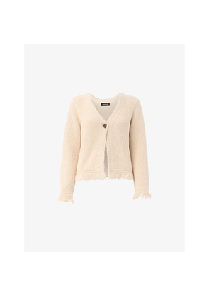 Womens Whistles Fringe-Trim Slim-Fit Cotton Cardigan