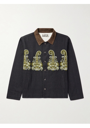 Kartik Research - Embroidered Bead-Embellished Suede-Trimmed Denim Jacket - Men - Black - S