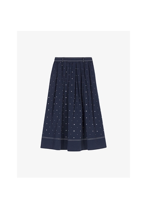 Womens Maje Stud-Embellished Contrast-Stitching Stretch Cotton-Blend Midi Skirt