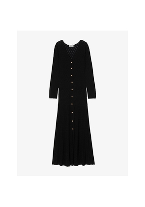 Womens Sandro Long-Sleeve Flared Open-Knit Maxi Dress